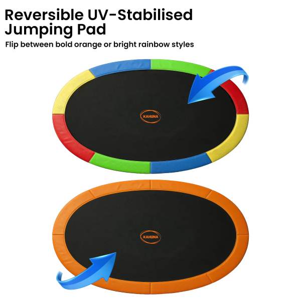 kahuna 10 ft x 15 ft oval outdoor trampoline w/ basketball set reversible rainbow & orange safety pad safety net ladder kahuna 10 ft x 15 ft oval outdoor trampoline w/ basketball set reversible rainbow & orange safety pad safety net ladder