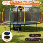 kahuna 10 ft x 15 ft oval outdoor trampoline w/ basketball set reversible rainbow & orange safety pad safety net ladder kahuna 10 ft x 15 ft oval outdoor trampoline w/ basketball set reversible rainbow & orange safety pad safety net ladder