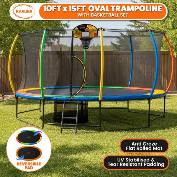 kahuna 10 ft x 15 ft oval outdoor trampoline l.e.d. basketball set reversible rainbow & orange safety pad safety net ladder kahuna 10 ft x 15 ft oval outdoor trampoline l.e.d. basketball set reversible rainbow & orange safety pad safety net ladder