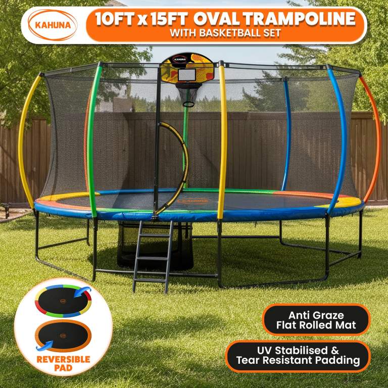kahuna 10 ft x 15 ft oval outdoor trampoline l.e.d. basketball set reversible rainbow & orange safety pad safety net ladder kahuna 10 ft x 15 ft oval outdoor trampoline l.e.d. basketball set reversible rainbow & orange safety pad safety net ladder