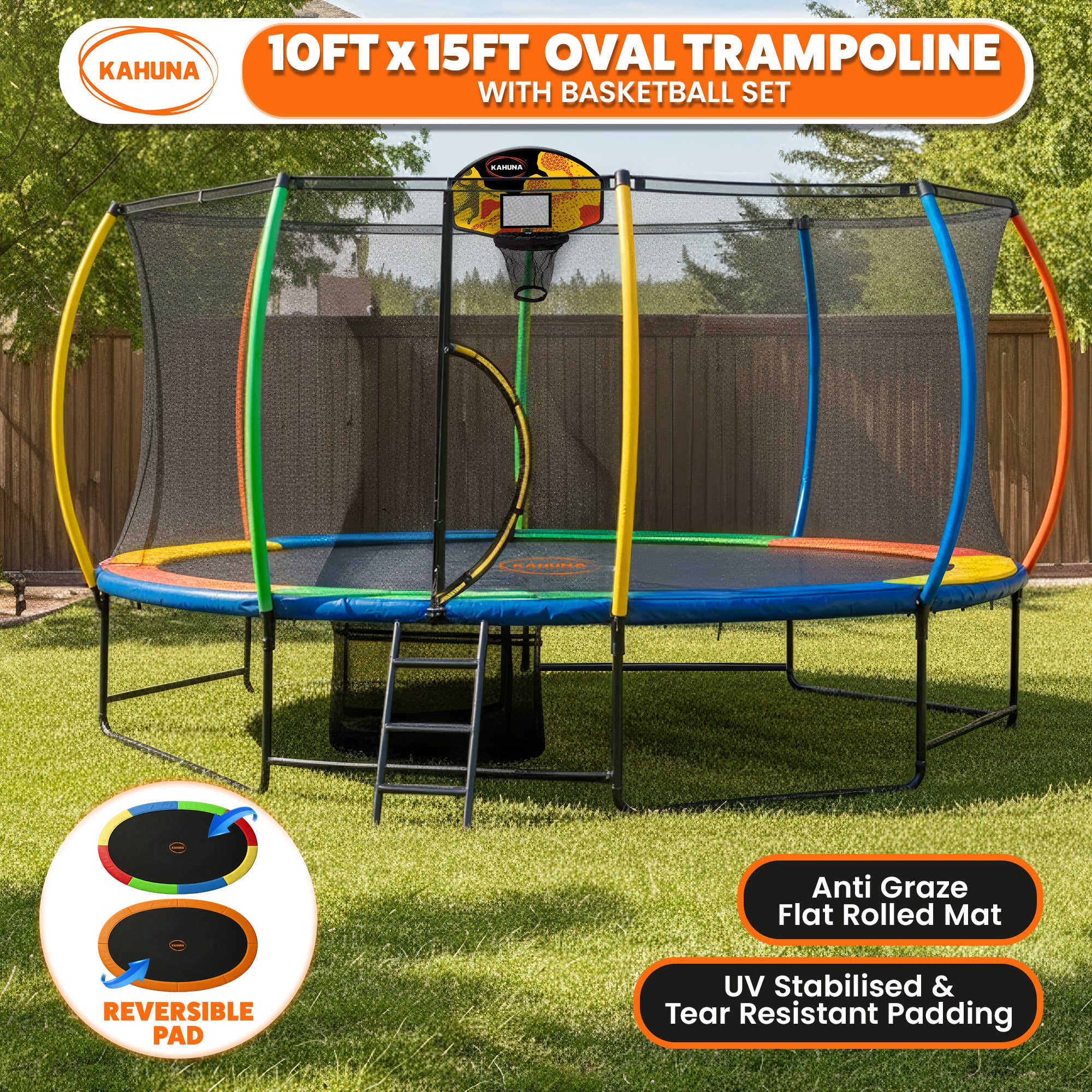 kahuna 10 ft x 15 ft oval outdoor trampoline l.e.d. basketball set reversible rainbow & orange safety pad safety net ladder