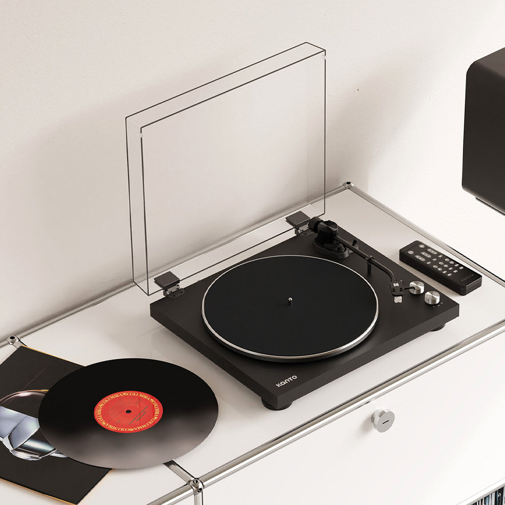 kanto obi3 turntable matte black with kanto ora 100w powered speakers black bundle