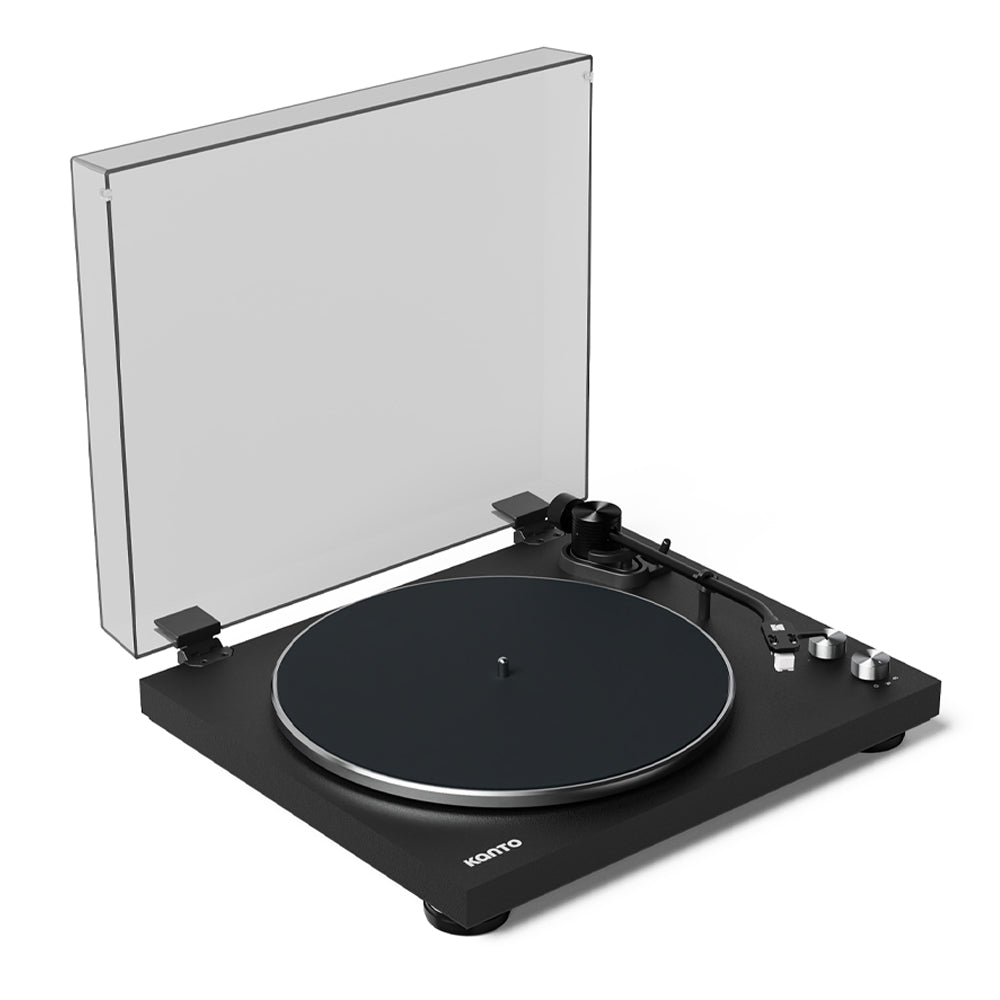 kanto obi3 turntable matte black with kanto ora 100w powered speakers black bundle