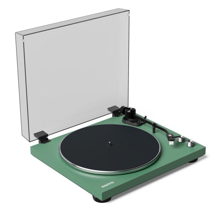 kanto obi3 turntable matte green with kanto ora 100w powered speakers black bundle