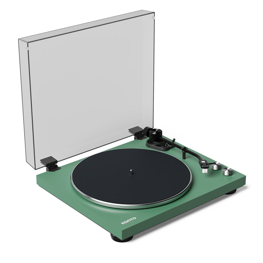 kanto obi3 turntable matte green with kanto ora 100w powered speakers black bundle