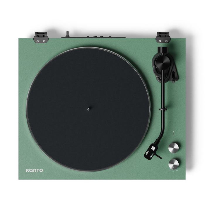 kanto obi3 turntable matte green with kanto ora 100w powered speakers black bundle