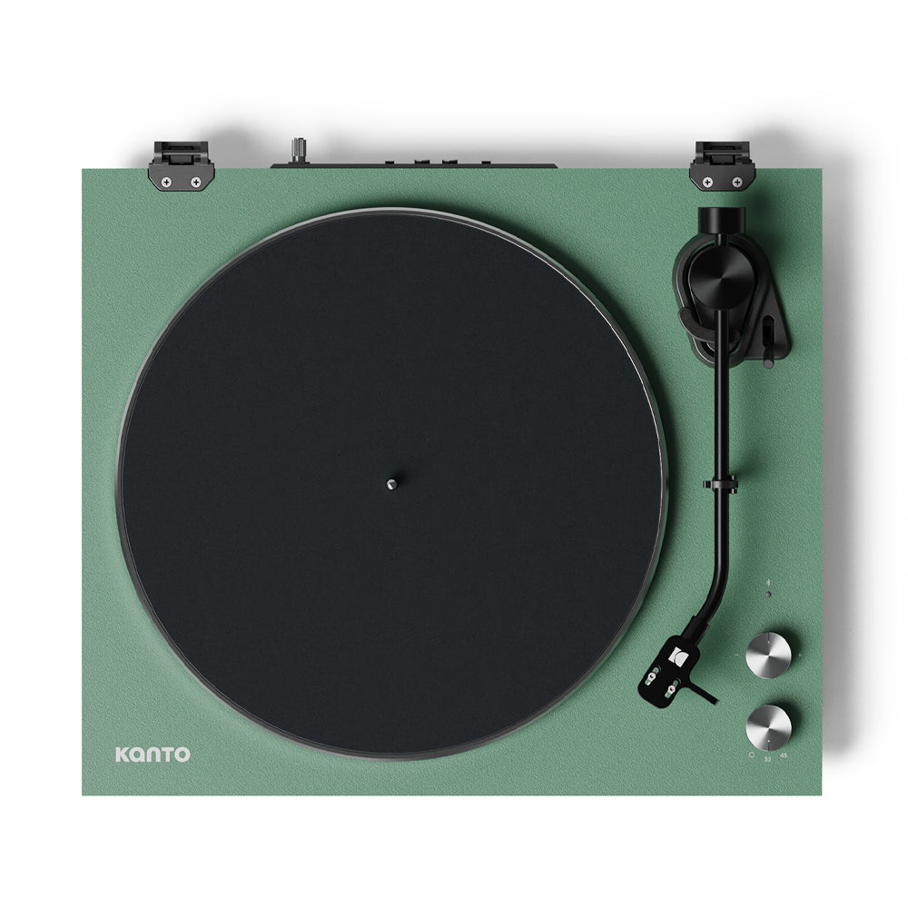 kanto obi3 turntable matte green with kanto ora 100w powered speakers black bundle