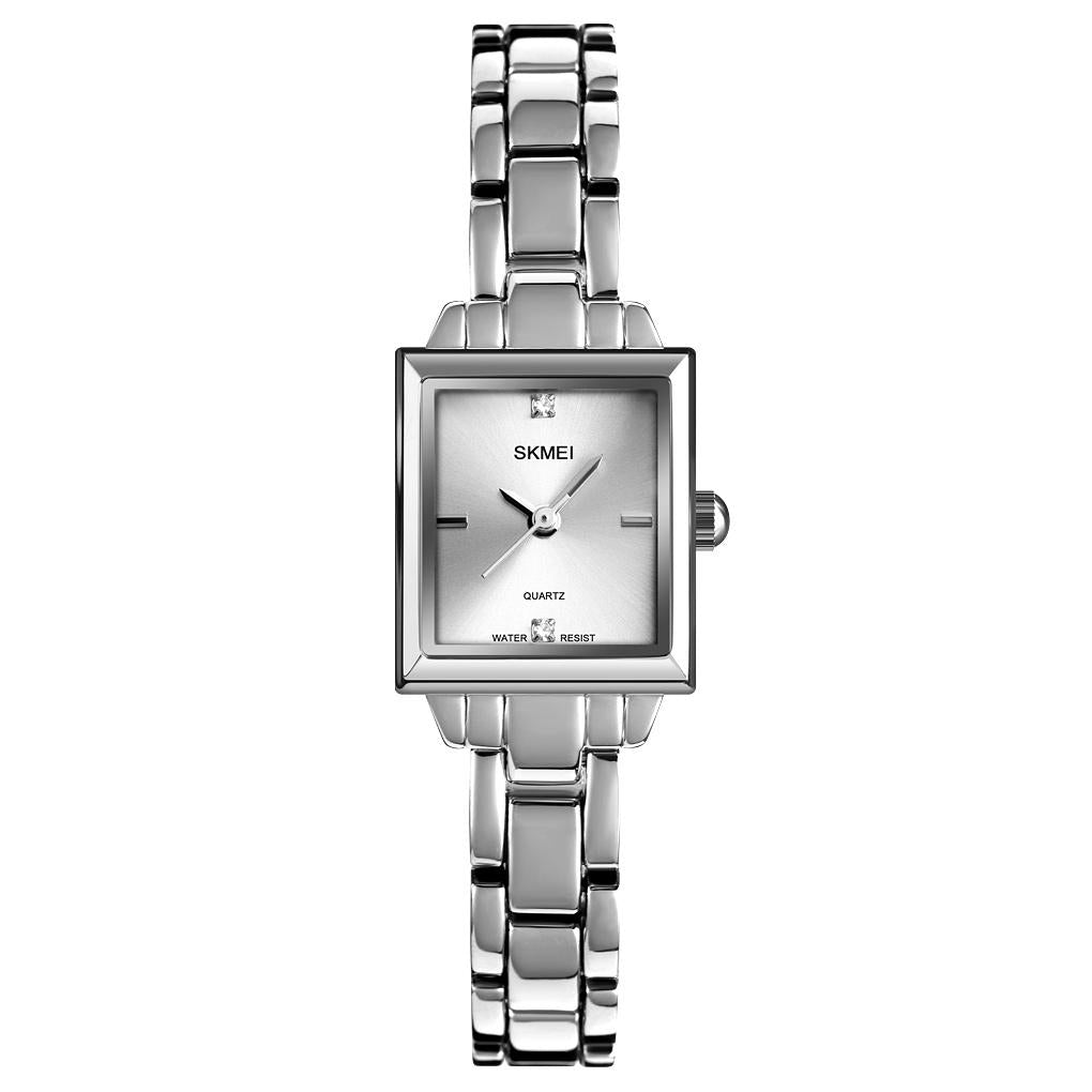 elegant square quartz watch for women with diamonds silvery