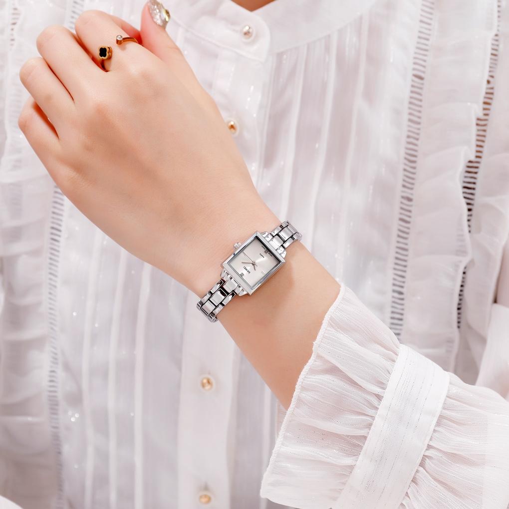 elegant square quartz watch for women with diamonds silvery