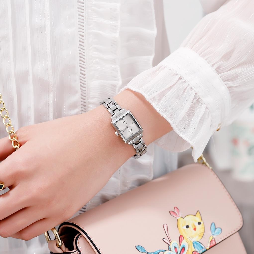 elegant square quartz watch for women with diamonds silvery