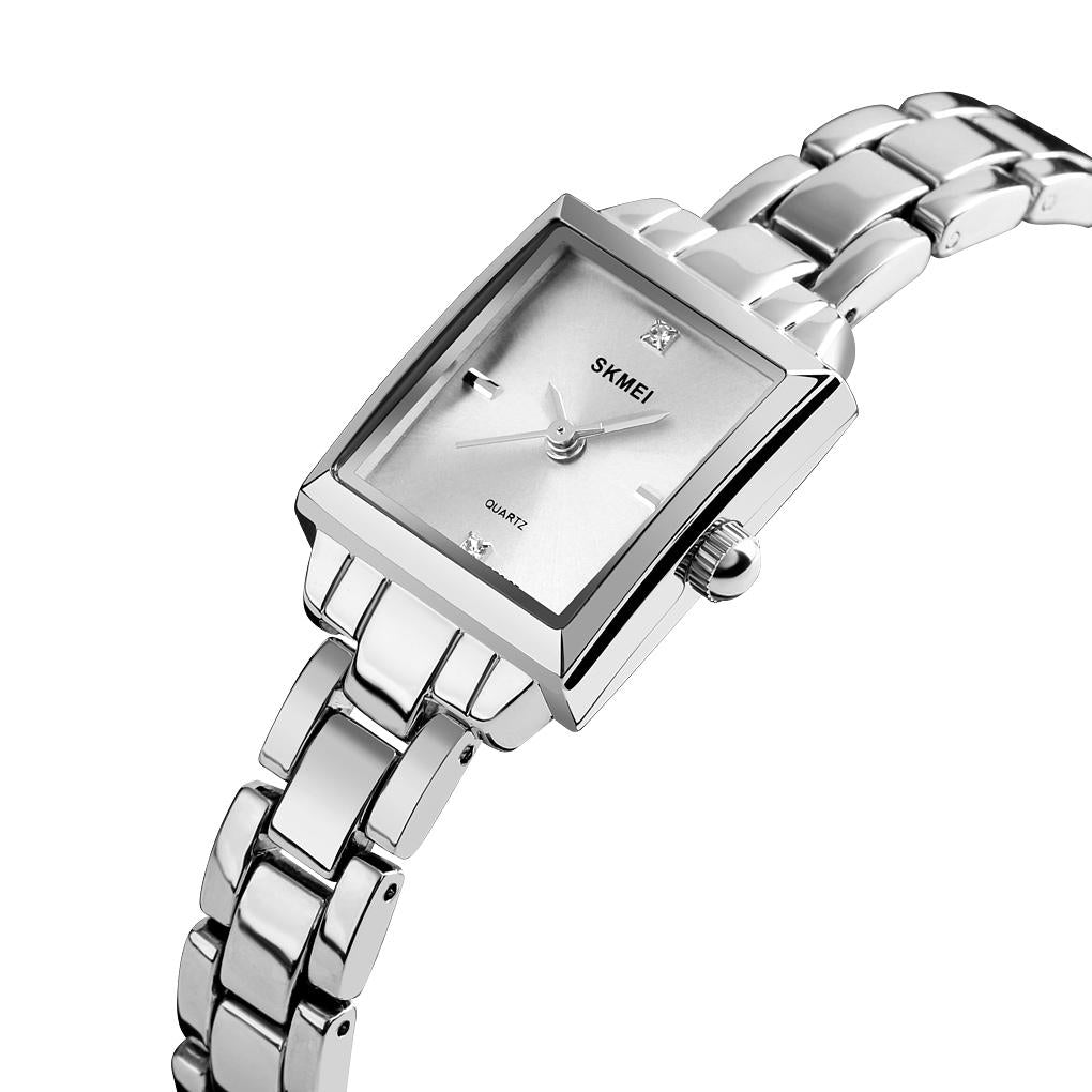 elegant square quartz watch for women with diamonds silvery