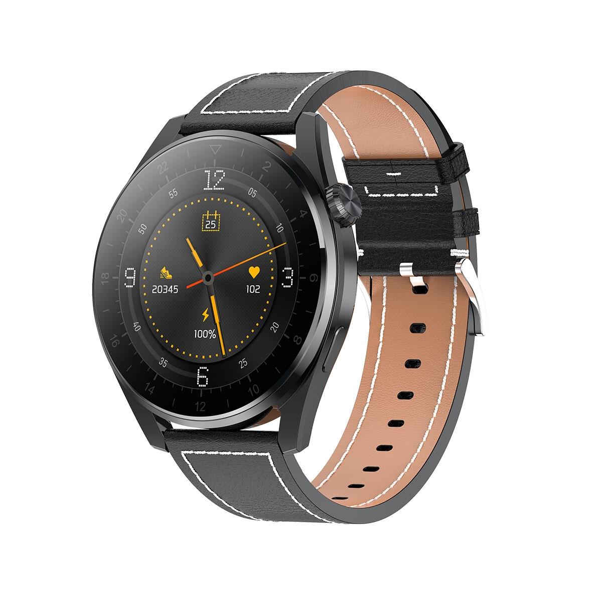 waterproof leather smartwatch with colour display black