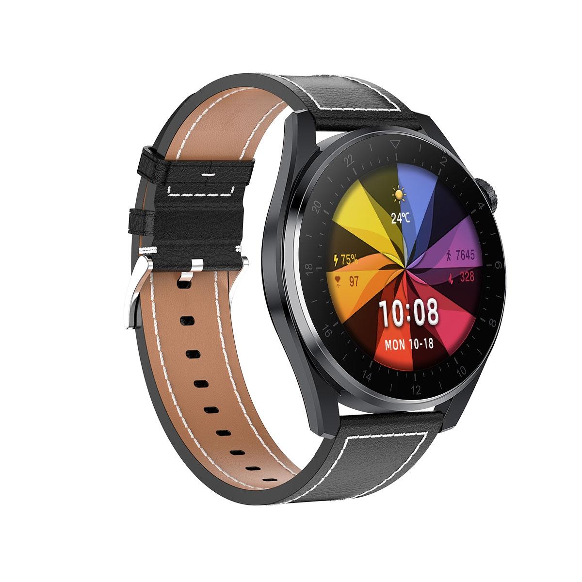 waterproof leather smartwatch with colour display black