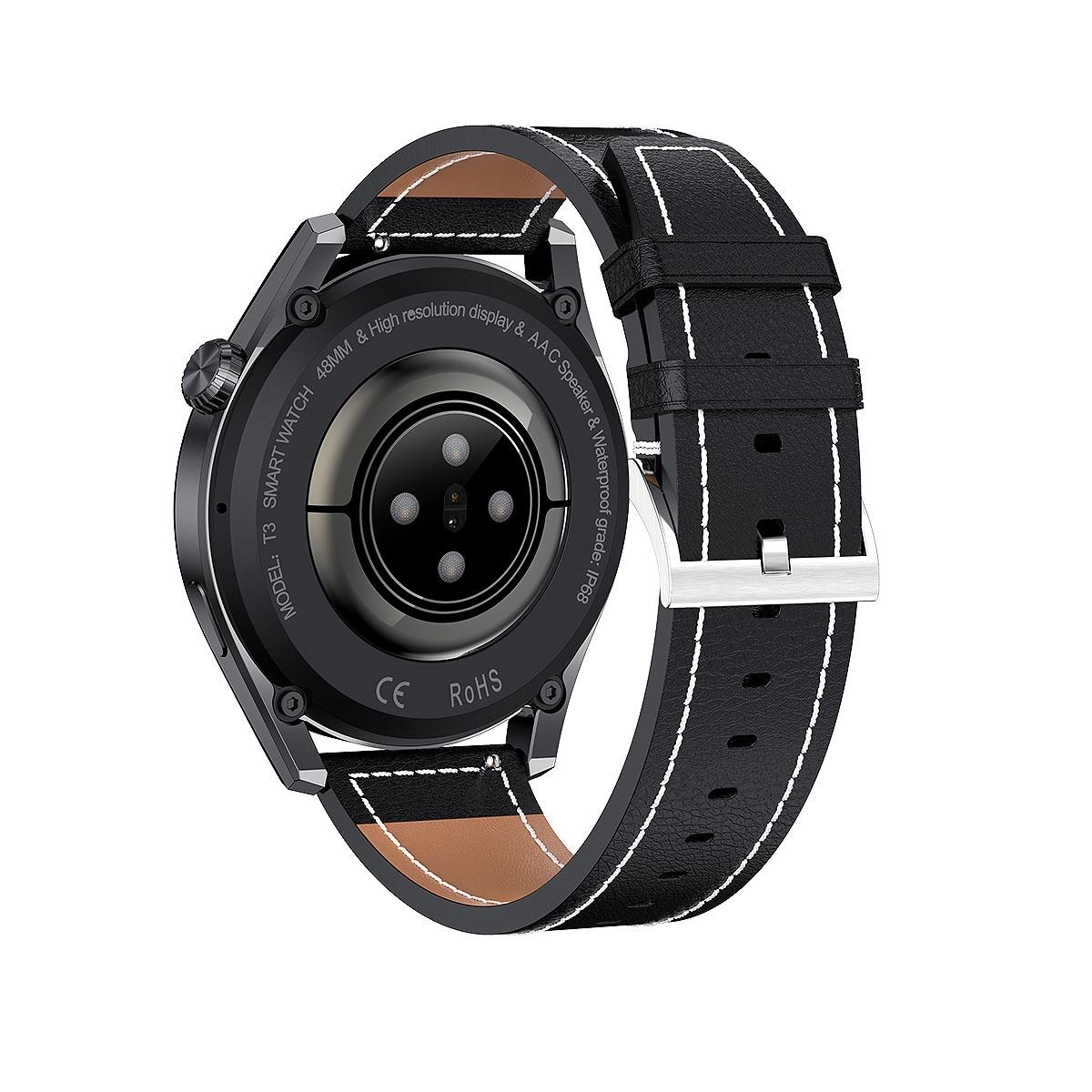 waterproof leather smartwatch with colour display black