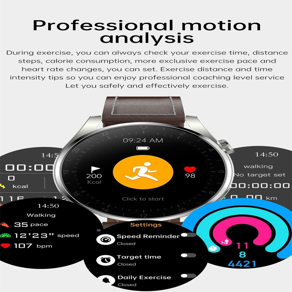 waterproof leather smartwatch with colour display black