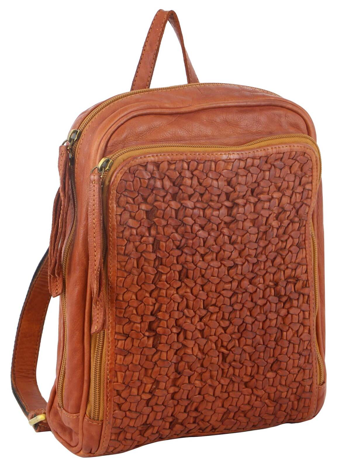 pierre cardin woven leather ladies backpack bag travel satchel zip cognac