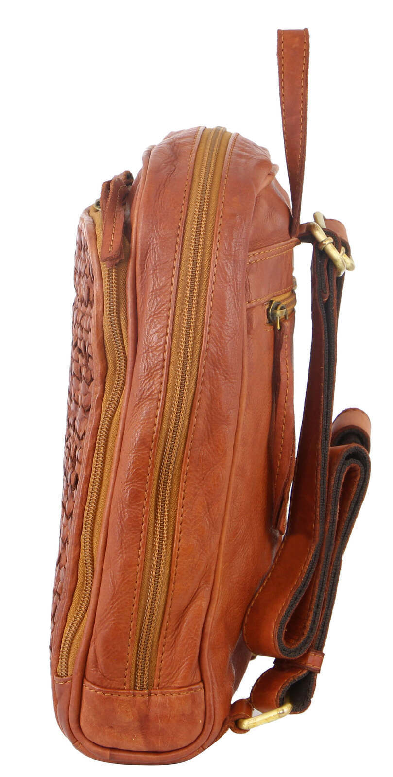 pierre cardin woven leather ladies backpack bag travel satchel zip cognac
