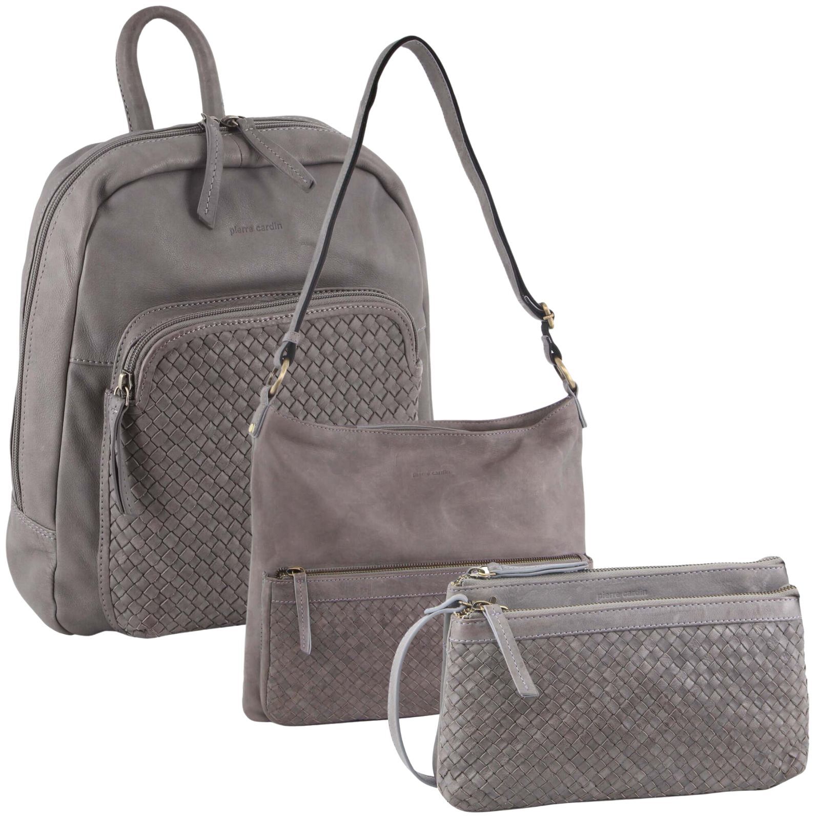 3pc set pierre cardin womens woven leather backpack + cross body bags sky blue