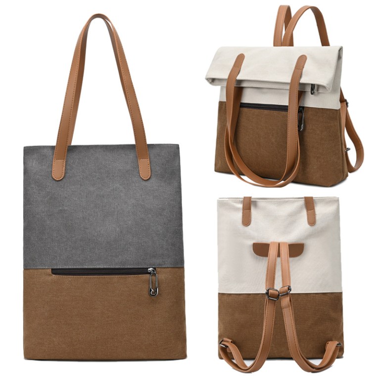gery and brown canvas tote bag for women multi use shoulder handbag & backpack, large capacity, 30x10x40cm gery and brown canvas tote bag for women multi use shoulder handbag & backpack, large capacity, 30x10x40cm