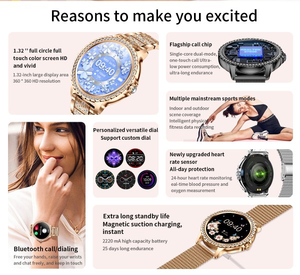 elegant women's smartwatch,hd touchscreen, bluetooth calls, health monitoring(gold) elegant women's smartwatch,hd touchscreen, bluetooth calls, health monitoring(gold)