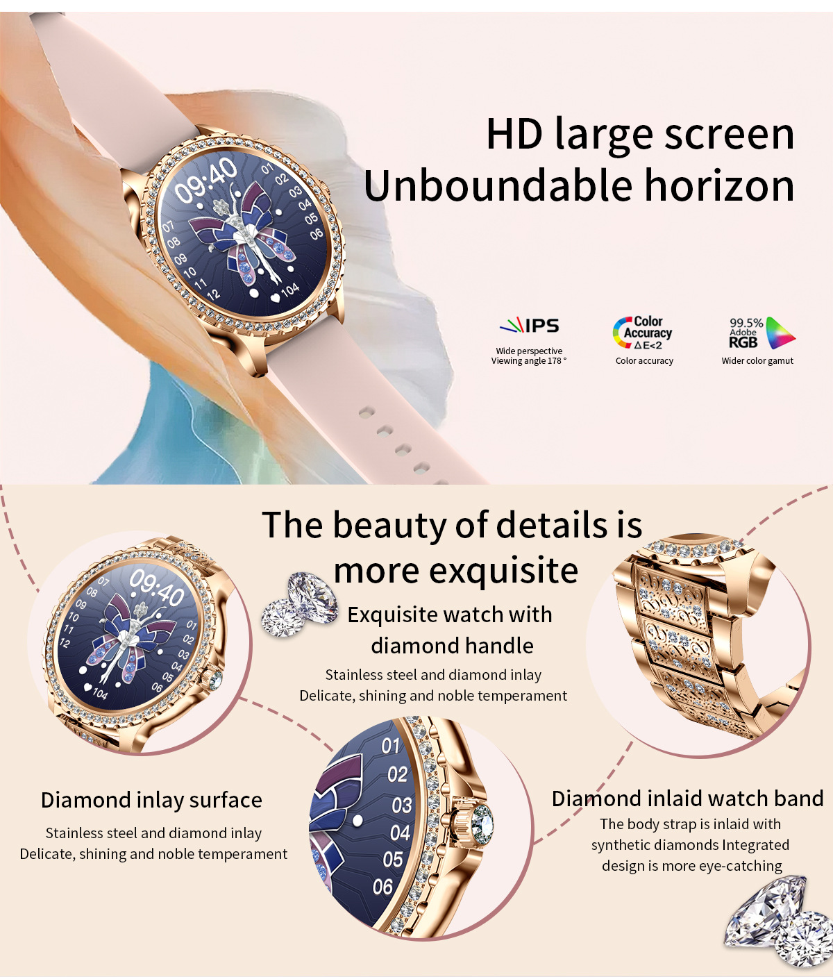 elegant women's smartwatch,hd touchscreen, bluetooth calls, health monitoring(gold)