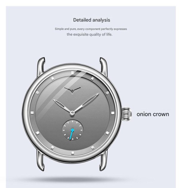 blue elegant men's watch with leather band small seconds, onion crown detail blue elegant men's watch with leather band small seconds, onion crown detail
