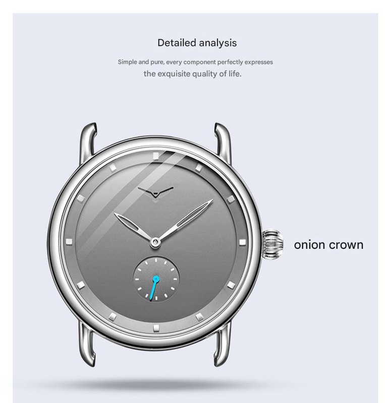 silver elegant men's watch with leather band small seconds, onion crown detail