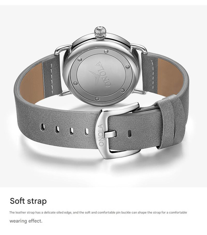 silver shell black face elegant men's watch with leather band small seconds, onion crown detail