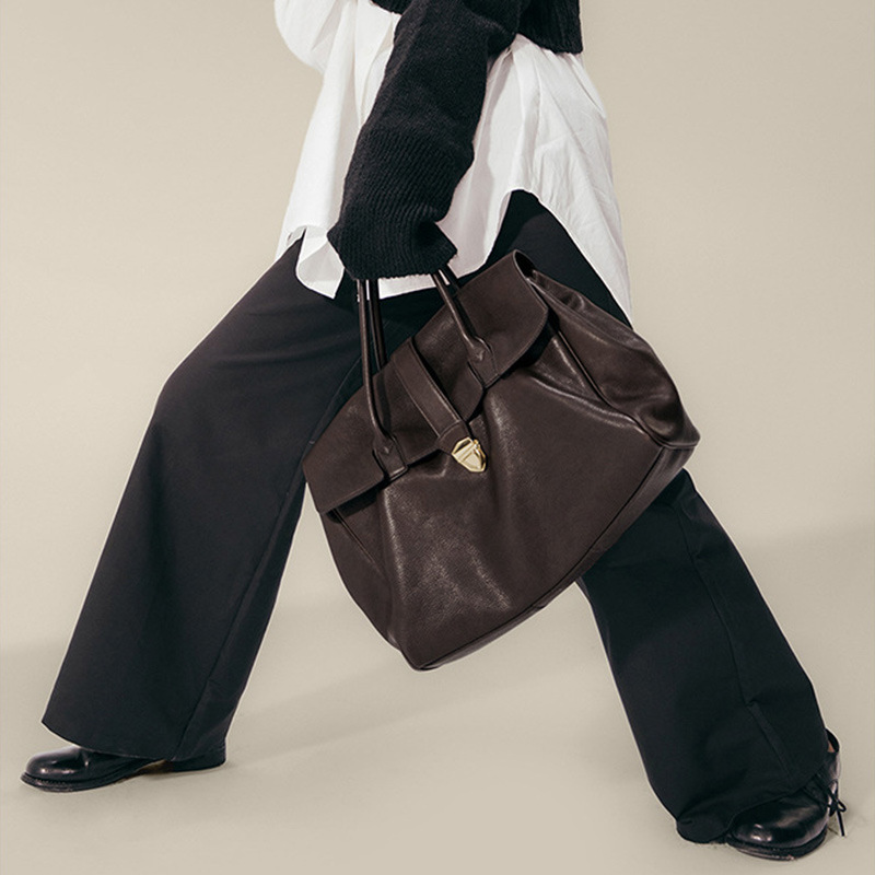 size l black elegant women's leather briefcase tote vintage style large capacity commuter handbag premium cowhide leather