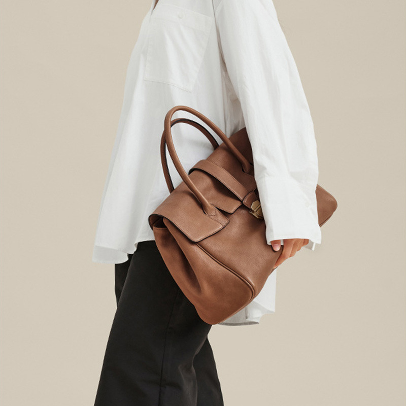 size l coffee elegant women's leather briefcase tote vintage style large capacity commuter handbag premium cowhide leather