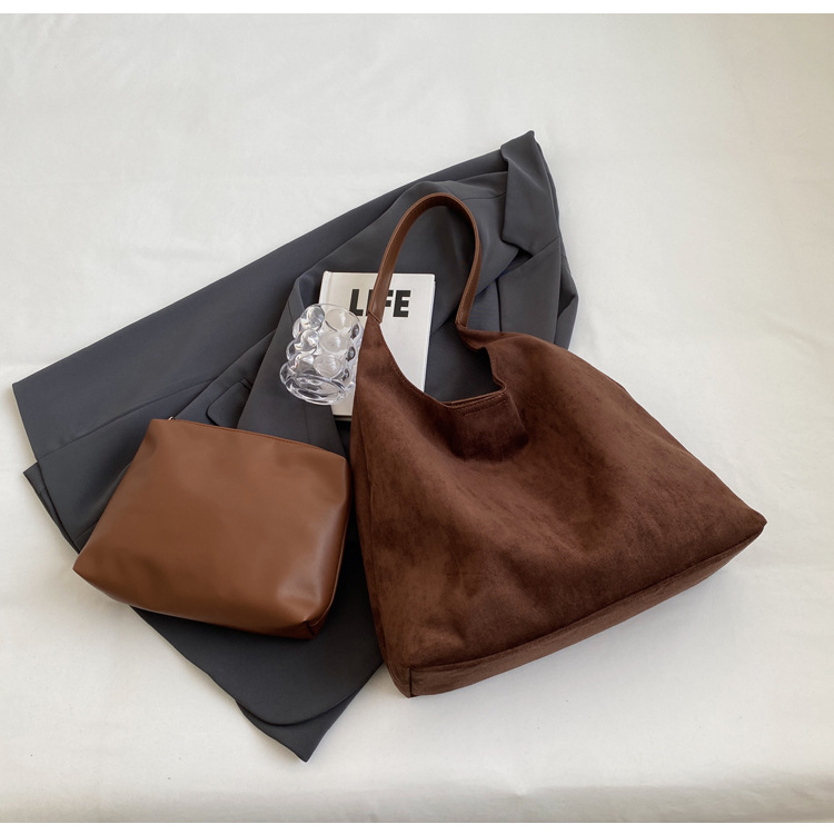 brown chic faux suede tote bag with matching pouch | large capacity slouchy shoulder bag