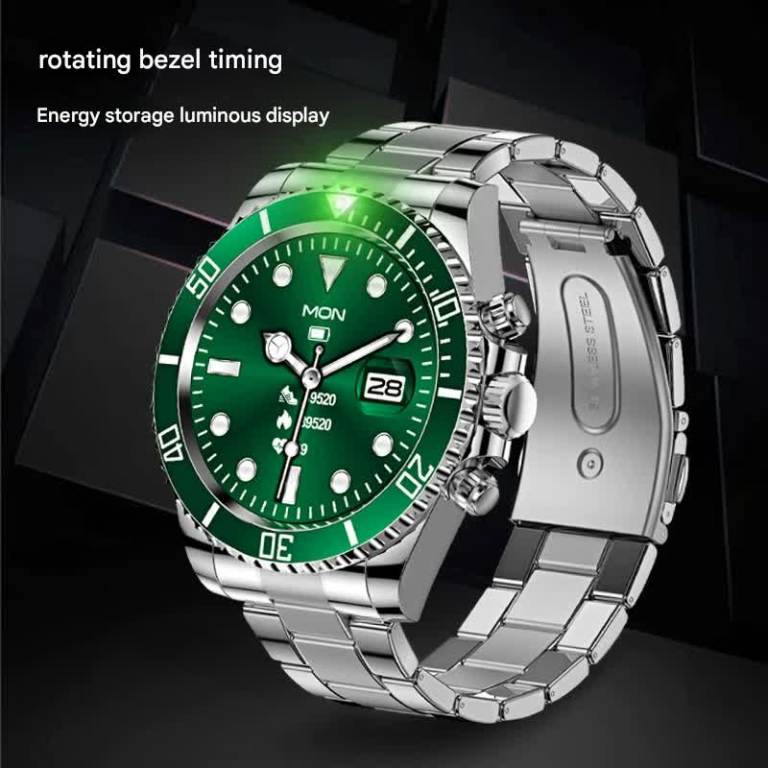 classic stainless steel smartwatch with rotating timer bezel, bluetooth calling & luminous display(green)