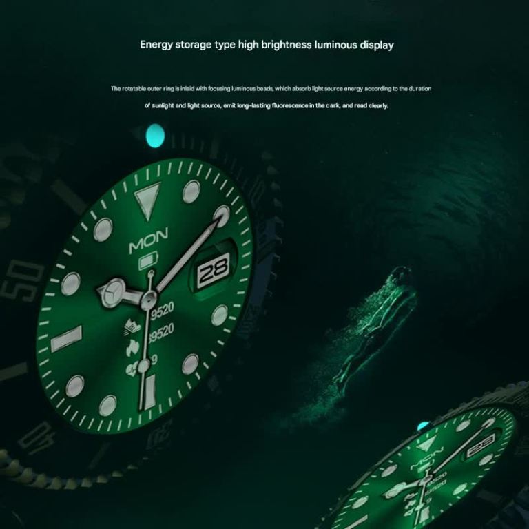 classic stainless steel smartwatch with rotating timer bezel, bluetooth calling & luminous display(green)