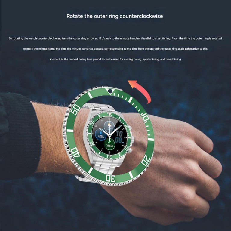 classic stainless steel smartwatch with rotating timer bezel, bluetooth calling & luminous display(green)