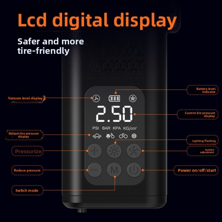 black 4 in 1 car vacuum cleaner and tyre inflator portable cordless air pump with led light and digital pressure gauge
