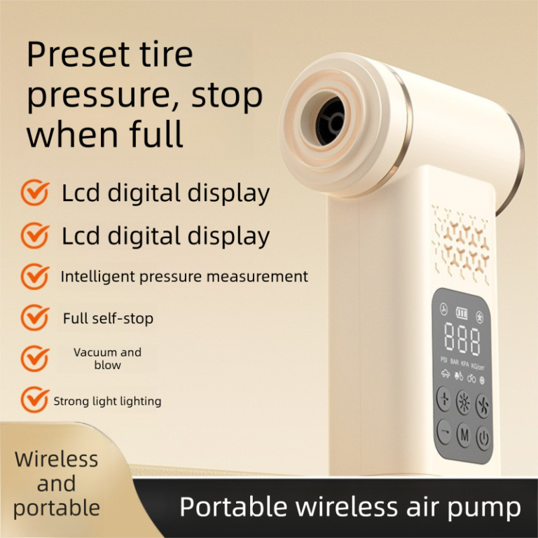 beige 4 in 1 car vacuum cleaner and tyre inflator portable cordless air pump with led light and digital pressure gauge