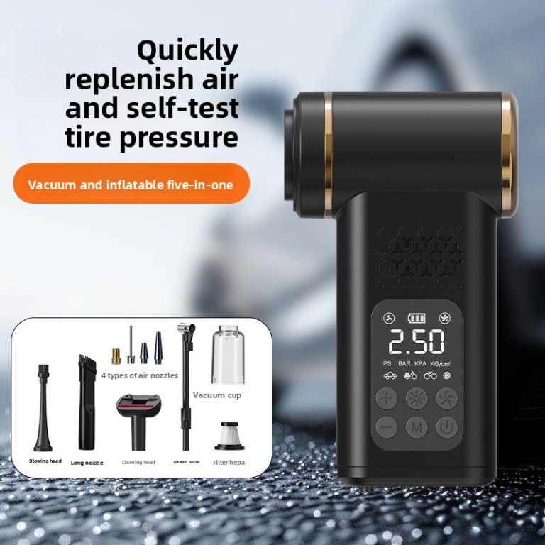 beige 4 in 1 car vacuum cleaner and tyre inflator portable cordless air pump with led light and digital pressure gauge
