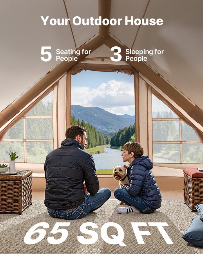 vevor inflatable tents for camping, 3 5 person easy setup blow up tent with hand pump, 300d oxford 4 season glamping tent with canopy, stove jack, 2 doors & 2 mesh windows (storage bag included)