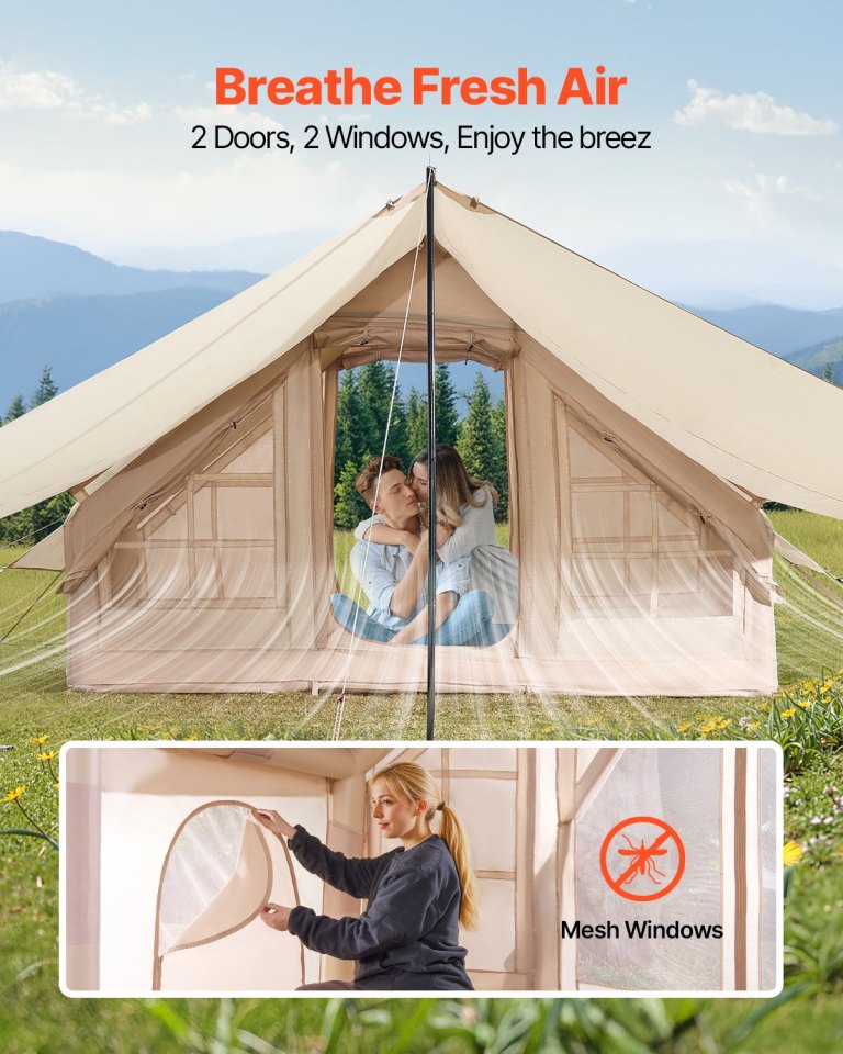vevor inflatable tents for camping, 3 5 person easy setup blow up tent with hand pump, 300d oxford 4 season glamping tent with canopy, stove jack, 2 doors & 2 mesh windows (storage bag included) vevor inflatable tents for camping, 3 5 person easy setup blow up tent with hand pump, 300d oxford 4 season glamping tent with canopy, stove jack, 2 doors & 2 mesh windows (storage bag included)