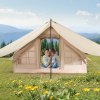 vevor inflatable tents for camping, 3 5 person easy setup blow up tent with hand pump, 300d oxford 4 season glamping tent with canopy, stove jack, 2 doors & 2 mesh windows (storage bag included)