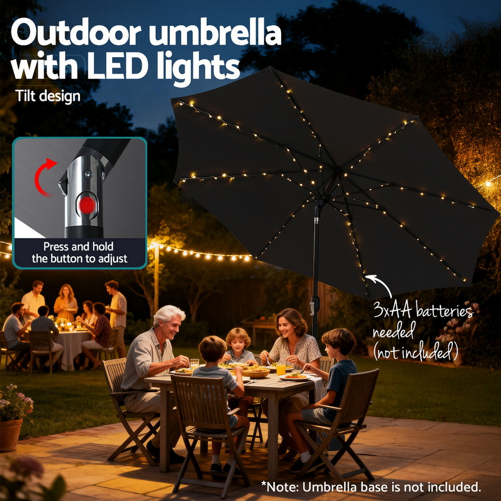 instahut outdoor umbrella 2.9m market umbrella with string light tilt black