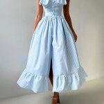Bornlads Women's 2025 Summer New Striped Dress Button Front Slim Fitted Waist Midi Dress Flutter Sleeves Side Slit 3