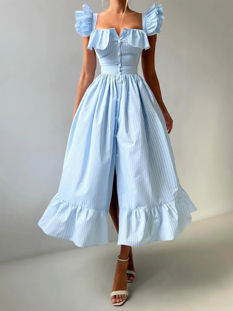 Bornlads Women's 2025 Summer New Striped Dress Button Front Slim Fitted Waist Midi Dress Flutter Sleeves Side Slit 3