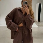 Bornlads Women's Cotton Casual Shorts Set Solid Color Lapel Long Sleeve Shirt Elastic Waist Shorts Outfit Daily Vacation Wear 3