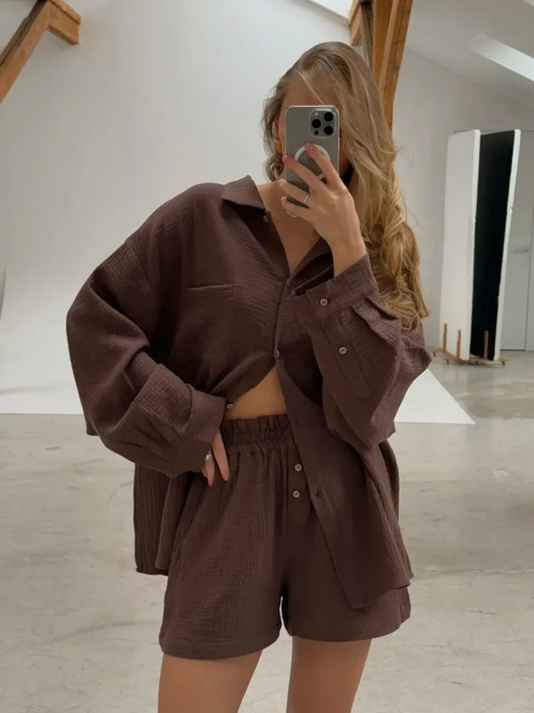 bornlads women's cotton casual shorts set solid color lapel long sleeve shirt elastic waist shorts outfit daily vacation wear Bornlads Women's Cotton Casual Shorts Set Solid Color Lapel Long Sleeve Shirt Elastic Waist Shorts Outfit Daily Vacation Wear 3