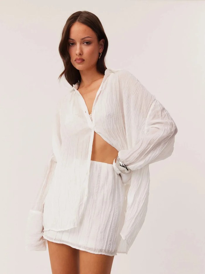 Bornlads 2026 Spring Summer New Shirt Skirt Set Ruffled Texture Sheer Shirt Mini Skirt Vacation Lazy Style Two Piece Outfit 3