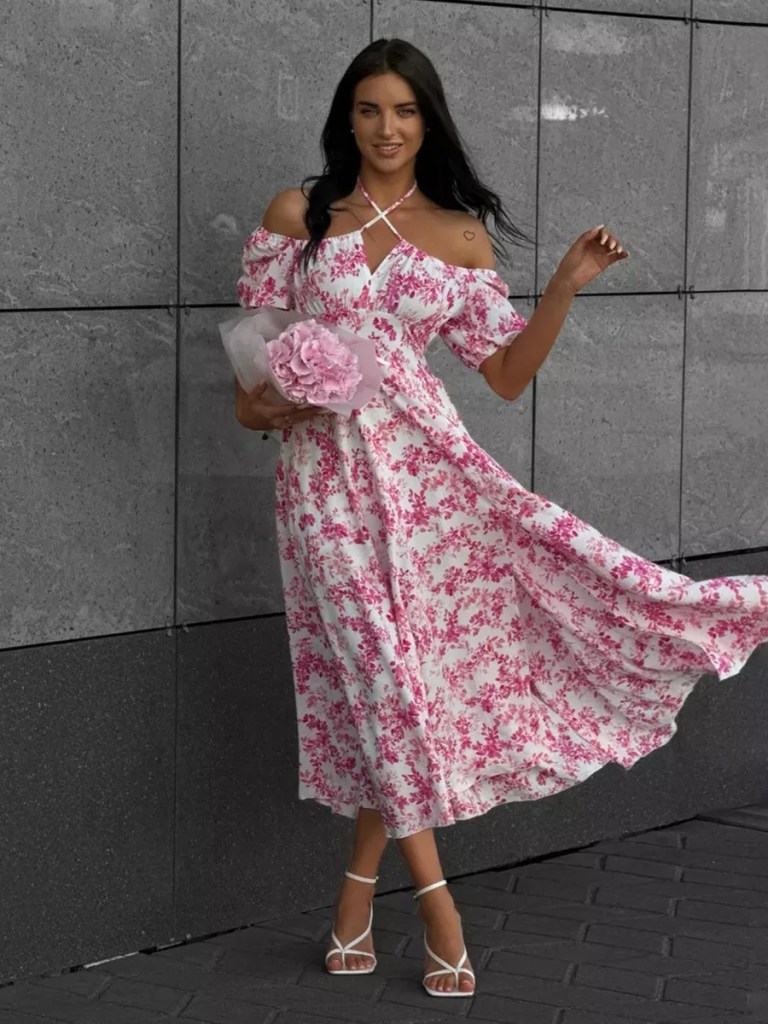 Bornlads 2026 Summer New Women's Off-Shoulder Floral Dress Short Sleeve Lace-Up Smocked Printed Split Maxi Dress