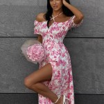 Bornlads 2026 Summer New Women's Off-Shoulder Floral Dress Short Sleeve Lace-Up Smocked Printed Split Maxi Dress 4