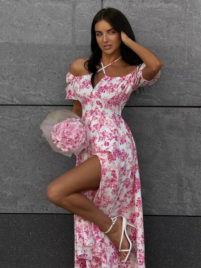 Bornlads 2026 Summer New Women's Off-Shoulder Floral Dress Short Sleeve Lace-Up Smocked Printed Split Maxi Dress 4