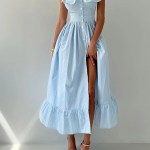 Bornlads Women's 2025 Summer New Striped Dress Button Front Slim Fitted Waist Midi Dress Flutter Sleeves Side Slit 6